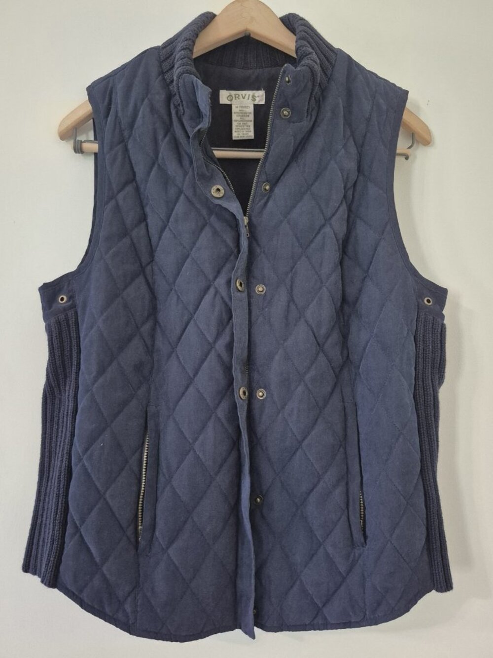 Orvis Women M Diamond Quilted Vest Navy Blue Snap-Front Rib-Knit Gorpcore Preppy